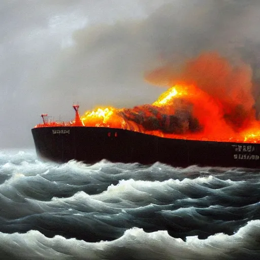 Prompt: A large oil tanker ship bursting into flames in grey rough seas in the atlantic, oil painting, grey clouds, dull colors, dark, rusted