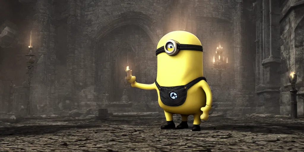 Image similar to minion as a darksouls boss, horror, hd, screenshot,