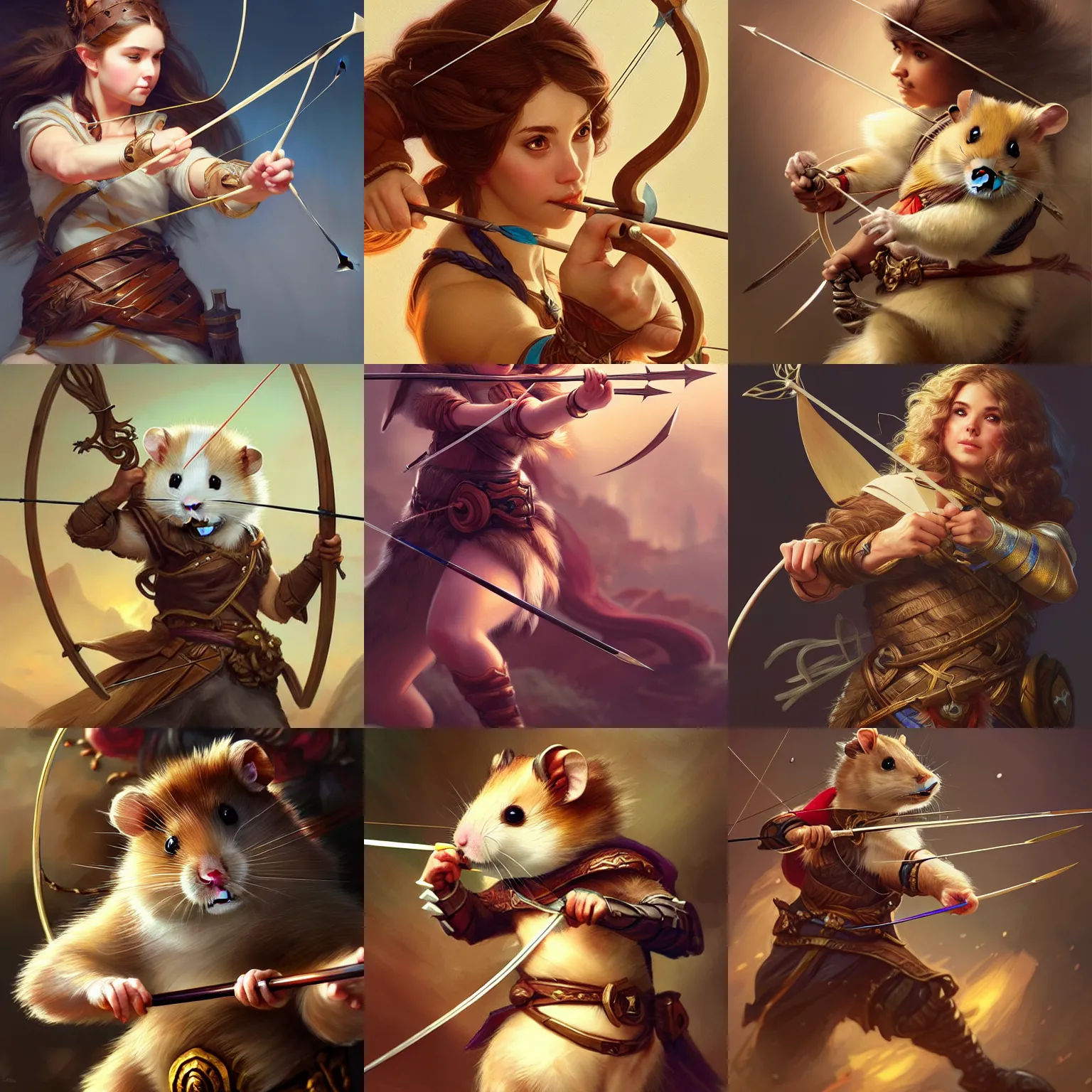 Prompt: a hamster archer holding a bow and arrow, closeup, d & d, fantasy, intricate, elegant, highly detailed, digital painting, artstation, concept art, matte, sharp focus, illustration, hearthstone, art by artgerm and greg rutkowski and alphonse mucha