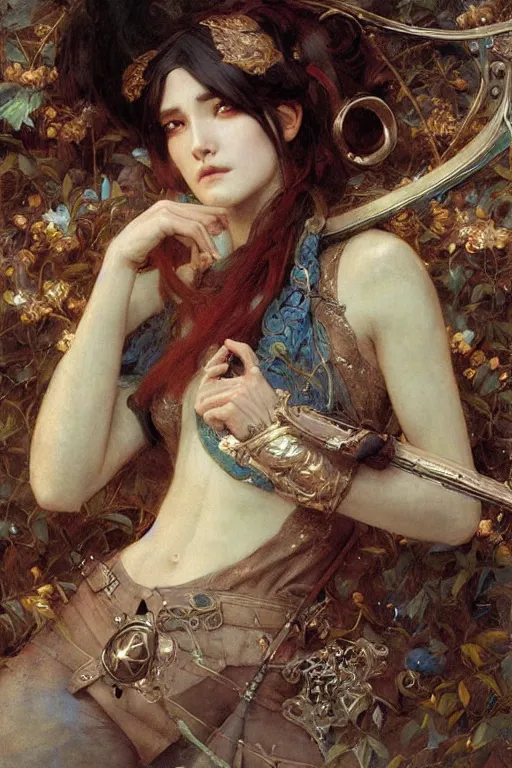 Image similar to a female bard by Edgar Maxence and Ross Tran and Michael Whelan