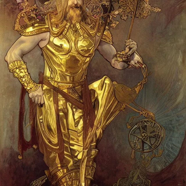 Image similar to an aesthetic! a detailed portrait of a man in a long beard, in golden armor, with a crown, holding a lantern with stacks of gold in the background, by frank frazetta and alphonse mucha, oil on canvas, art nouveau dungeons and dragons fantasy art, hd, god rays, ray tracing, crisp contour lines, huhd