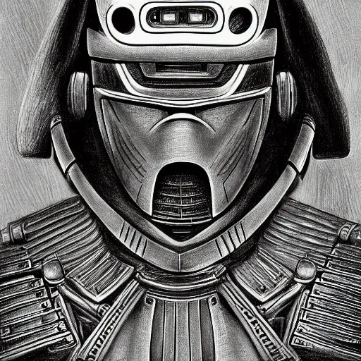 Image similar to portrait of a samurai robot drawing in high resolution by otto eerelman