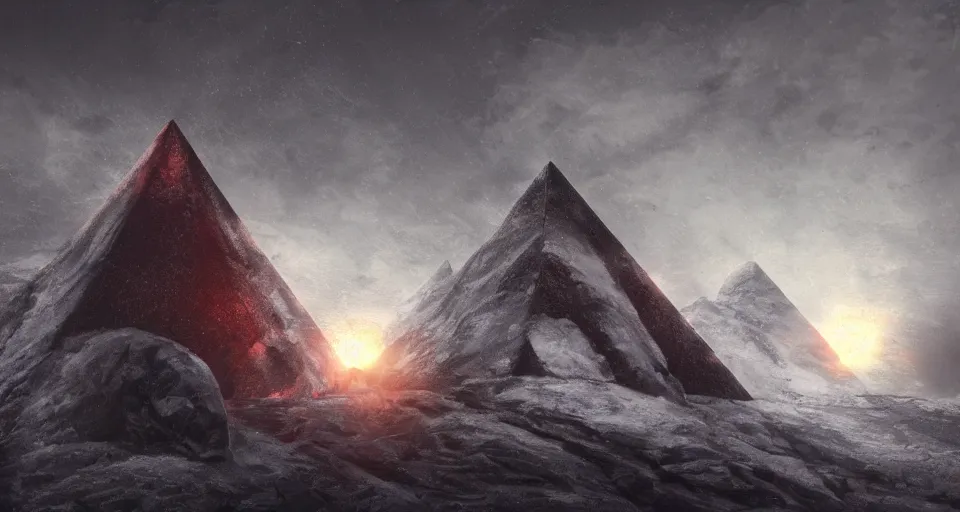 Prompt: black lovecraftian obsidian pyramid!! on a snowy mountaintop by eugene von guerard, ivan shishkin, night, red lightning!!, dramatic lighting, concept art, trending on artstation, 8 k