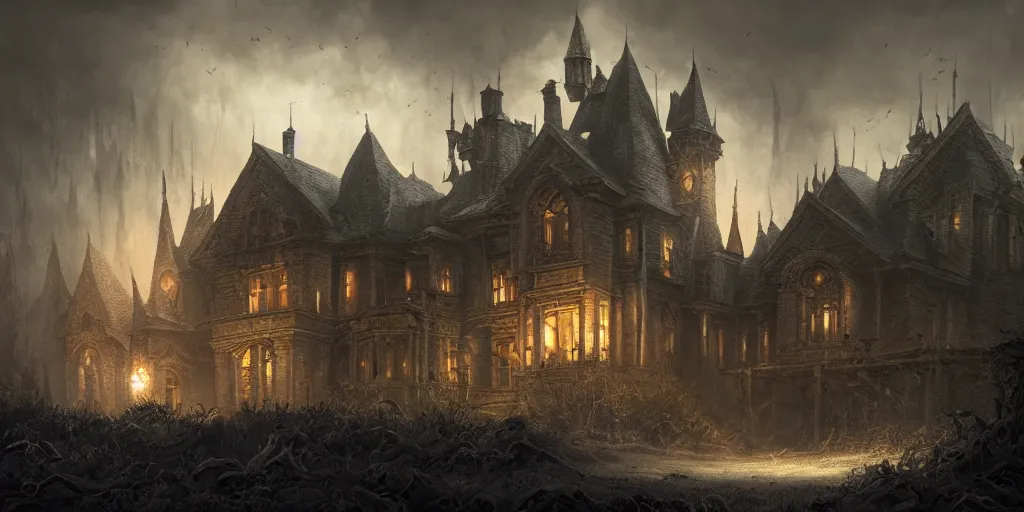 Prompt: a dark fantasy landscape with a haunted mansion, wide angle, super highly detailed, professional digital painting, artstation, concept art, smooth, sharp focus, no blur, no dof, extreme illustration, Unreal Engine 5, Photorealism, HD quality, 8k resolution, cinema 4d, 3D, beautiful, cinematic, art by artgerm and greg rutkowski and alphonse mucha and loish and WLOP