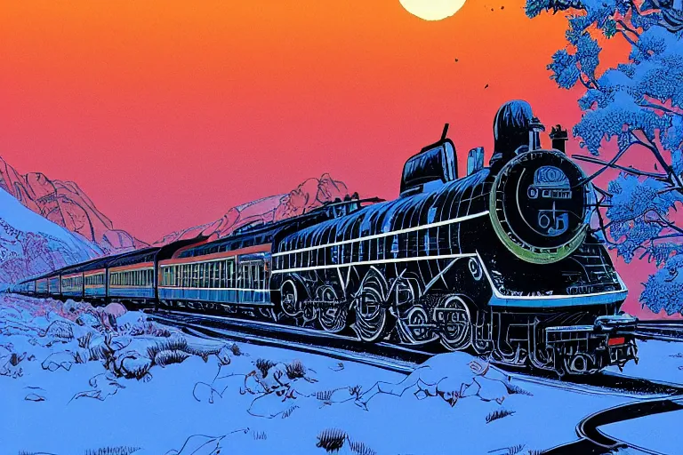 Image similar to trans - siberian express train illustration by joe fenton and syd mead and p. craig russell and barry windsor - smith, artstation, 4 k, graphic novel, concept art, matte painting, beautiful russian winter landscape sunset background, golden hour, art nouveau