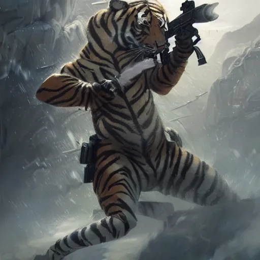 Image similar to a award winning commission of an amthro albino soldier tiger shooting,digitalt art,hyperdetailed,photorealistic,art by greg rutkowski,character design by charles bowater,ross tran,deviantart,artstation,high detailed,cinematic,movie scene,cool,detailed face