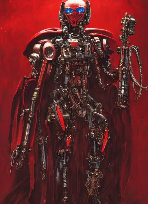 Prompt: portrait of rotten Tom Cruise as adeptus mechanicus in red hood and robe witch mechanical tentacles from Warhammer 40000. Highly detailed, artstation, illustration by and John Blanche and zdislav beksinski and wayne barlowe