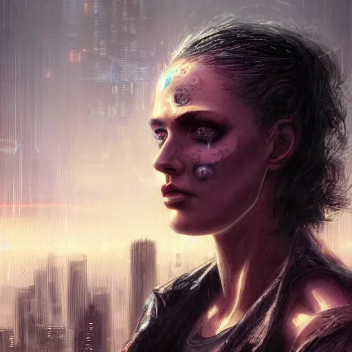 Image similar to neuromancer, closeup portrait of a young beautiful cyberpunk woman, eye implants, sunset, cyberpunk city background, megacity, gorgeous view, depth, painted by seb mckinnon, high detail, digital art, painted by greg rutkowski, trending on artstation