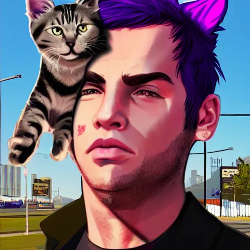 Prompt: A young man with cat ears and purple hair in GTA V, cover art by Stephen Bliss, artstation