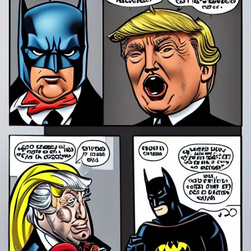 Image similar to Batman eating pizza, with Donald Trump