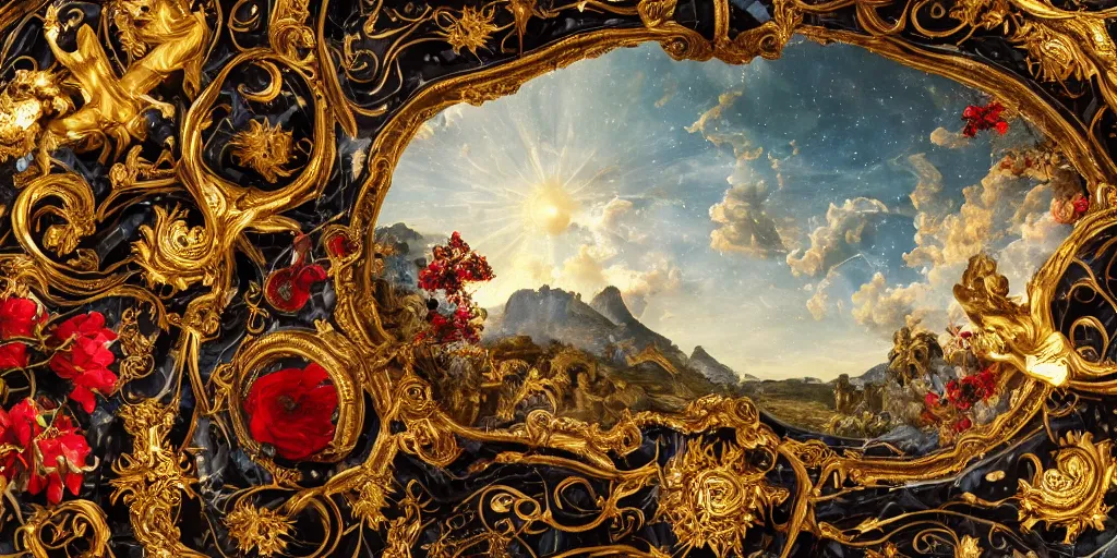 Prompt: tilt shift, huge italian masterpiece from behind, Ashford Black Marble sculpture, baroque, beautiful, gracious, pagans, marble and gold, space, stars, clouds, sun, drapes, greeks, fruits, bioluminescent, pomegranade, mushrooms, render, artstation, draped with red Hibiscus and vines, ultra detailed