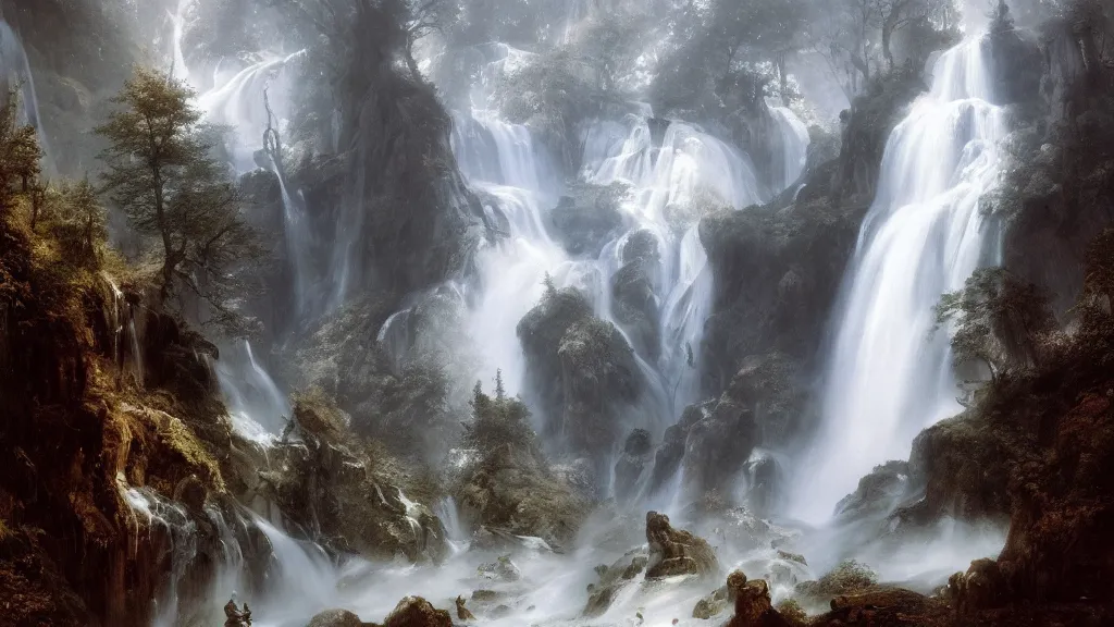 Image similar to the great elven tree above the alpine waterfall. andreas achenbach, artgerm, mikko lagerstedt, zack snyder, tokujin yoshioka