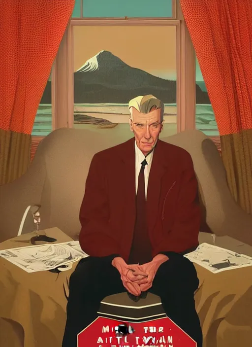 Prompt: Twin Peaks poster artwork by Michael Whelan and Tomer Hanuka, Rendering of portrait of Jimmy Stewart, sitting in the chair in the red room from Twin Peaks, he is the man behind the curtain, full of details, by Makoto Shinkai and thomas kinkade, Matte painting, trending on artstation and unreal engine