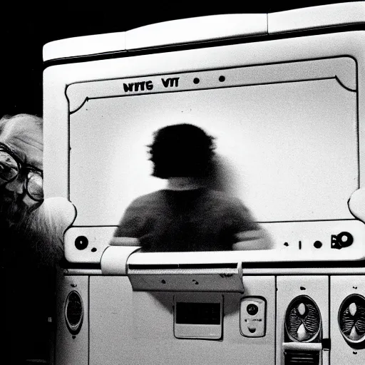 Image similar to a black and white photograph of a computer experiencing sensory information, by robert crumb, by jim henson, high contrast, soft lighting, surreal, film photography