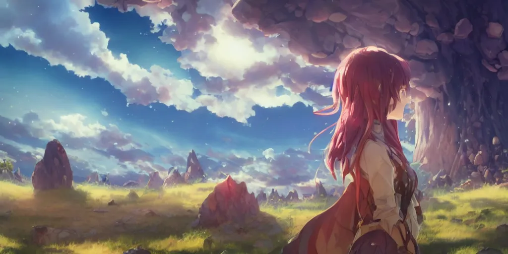 Image similar to isekai masterpiece by mandy jurgens, by irina french, by rachel walpole, by alyn spiller anime woman standing tree log looking up at giant crystals, high noon, cinematic, very warm colors, intense shadows, ominous clouds, anime illustration, anime screenshot composite background