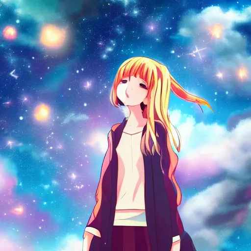 Image similar to a girl staring up a the stars in a anime style, digital art, 4K