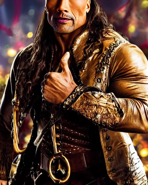 Image similar to Film still close-up shot of Dwayne Johnson as the Captain Hook from the movie Hook. Photographic, photography