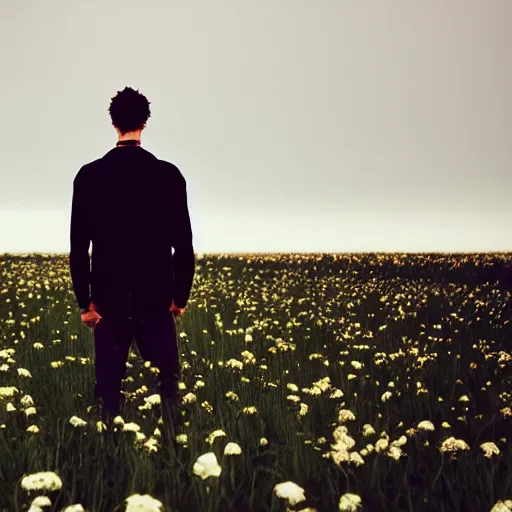 Image similar to kodak portra 1 6 0 photograph of a skinny guy standing in field of skulls, flower crown, back view, moody lighting, moody vibe, telephoto, 9 0 s vibe, blurry background, tranquil, calm, faded!,