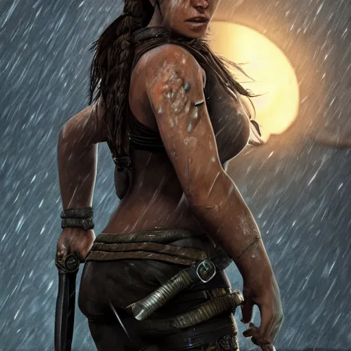 Image similar to Lara croft as viking, wet face , heavy rain ,dramatic, intricate, highly detailed, concept art, smooth, sharp focus, illustration, Unreal Engine 5, 8K