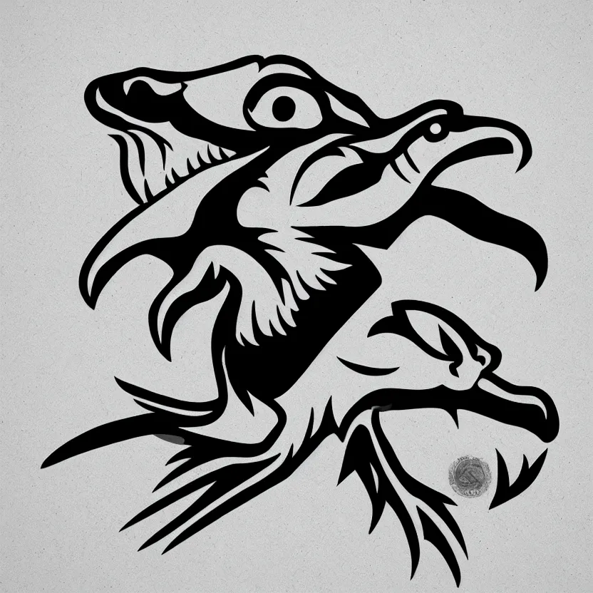 Prompt: Sketch of a velociraptor playing hockey, sports logo, black and white