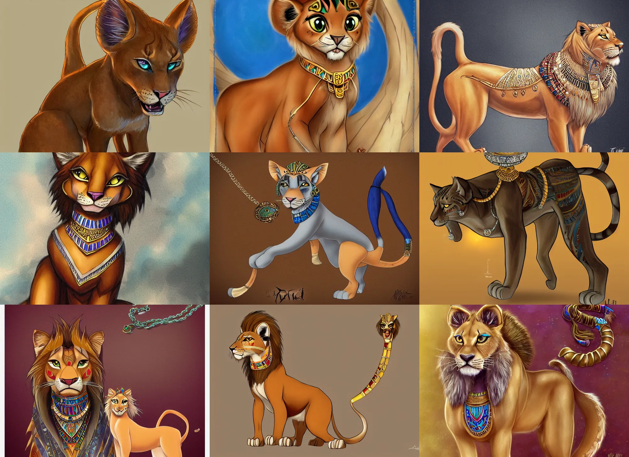 Prompt: fullbody beautiful detailed character design of a feral feline wearing egyptian necklace, egyptian jewelry. deviantart lioness adoptable, character concept artwork professional in the style of'the lion king ', artstation deviantart