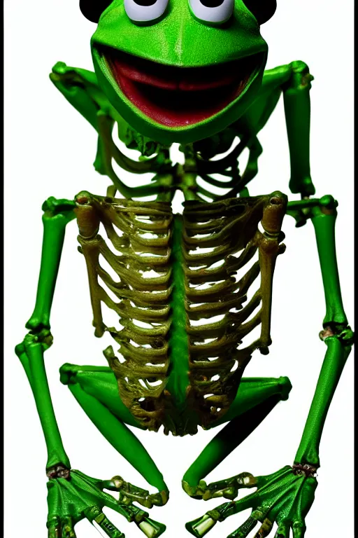 Image similar to movie poster of kermit the terminator, chromatic humanoid skeleton frog skeleton hybrid, robot, ultra realistic, cinematic lighting hd photography,