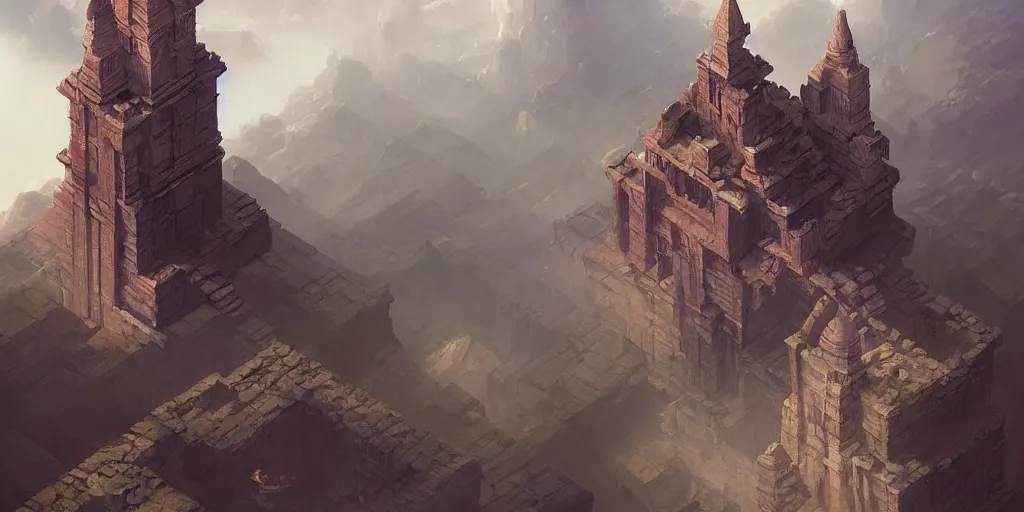 Image similar to an isometric temple in the clouds, by greg rutkowski and james gurney, trending on artstation