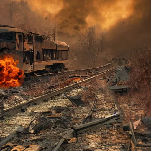 Image similar to trainwreck, devastation on the railroad, atmospheric smoke and fog, fire and flames, post-apocalyptic, Cinematic horror, high detail, 4k