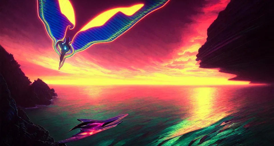 Image similar to psychedelic tron wings in front mind bending sunset, cliffside ocean scene, backlit, aesthetic, surreal, diffuse lighting, hyper realistic, elegant, intricate, hyper detailed, smooth, sharp focus, concept art, illustration, trending on artstation, art by artem demura, greg rutkowski, james gurney, and alphonse mucha