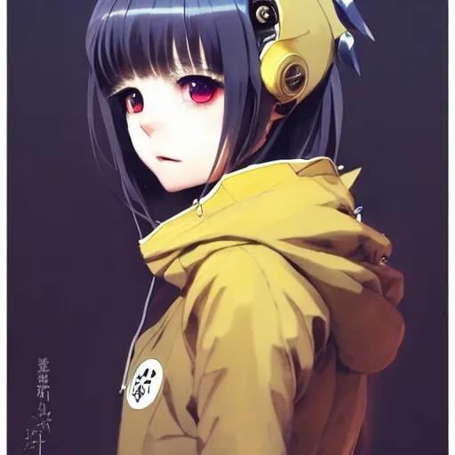 Image similar to a beautiful anime cyborg - girl with yellow eyes wearing a cat hoodie, wlop, ilya kuvshinov, artgerm, krenz cushart, greg rutkowski, hiroaki samura, range murata, james jean, katsuhiro otomo, erik jones, serov, surikov, vasnetsov, repin, kramskoi