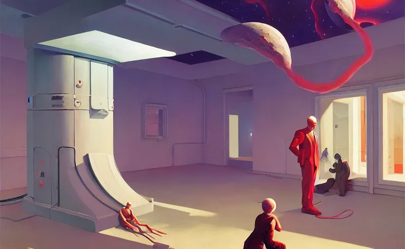 Image similar to inside a time machine portal to the space, very coherent, painted by Edward Hopper, Wayne Barlowe, painted by James Gilleard, airbrush, art by JamesJean