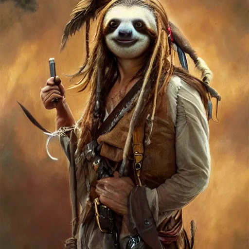 Image similar to Portrait of a Sloth dressed as Jack Sparrow, highly detailed oil painting, photorealistic, highly detailed, digital painting, artstation, concept art, smooth, sharp focus, illustration, art by artgerm and greg rutkowski and alphonse mucha