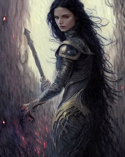 Prompt: a beautiful woman dark hair in an armor with dark eyes, elegant, dark blue, ethereal horror fantasy art by greg rutkowski and magali villeneuve and claude monet, fire and sparkles