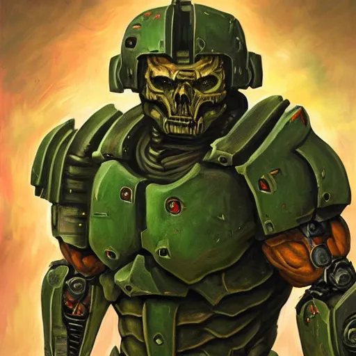 Prompt: portrait of a doomguy from doom, in his battle armor. he's a bodybuilder. visible biceps. gritty cyberpunk, messy blood. skeletons, corpses, monsters, bloated warhammer creatures. combat armor, exoskeleton. game cinematic still. digital illustration by frank frazetta. oil painting, highly detailed, centered, artgerm