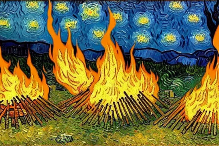 Prompt: van gogh painting of a campsite with bonfire