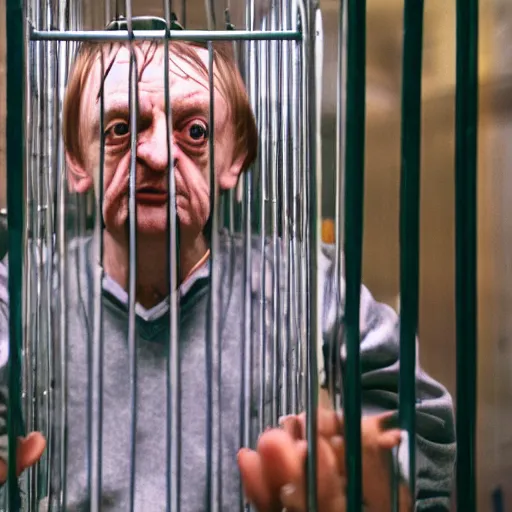 Image similar to mark e smith in a small cage in a pet shop window, his hands are up on the bars, the cage has a for sale tag, 4 k