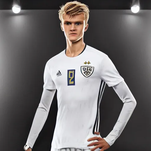 Image similar to a realistic detailed photo of a guy who is an attractive humanoid who is half robot and half humanoid, who is a male android, soccer player martin ødegaard, shiny skin, posing like a statue, blank stare, in a living room, on display, showing off his muscles