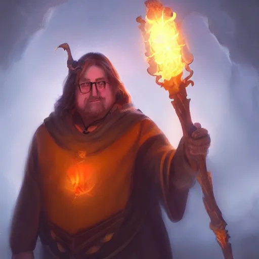 Prompt: Gabe Newell wearing witches tunic holding a glowing fire magical staff. Trending on Artstation, octane render, ultra detailed, art by Ross tran