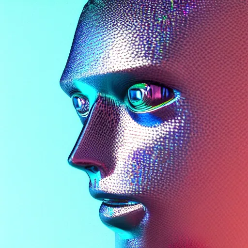 Image similar to 3d render of holographic human robotic head made of glossy iridescent, surrealistic 3d illustration of a human face non-binary, non binary model, 3d model human, cryengine, made of holographic texture, holographic material, holographic rainbow, concept of cyborg and artificial intelligence