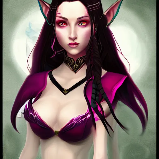 Image similar to portrait of a female high elf with magenta eyes and dark hair, digital art dnd beyond trending on art station 8 k