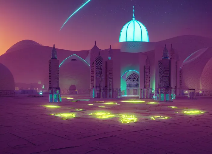 Image similar to a luminescent cyberpunk mosque in arabia by paolo eleuteri serpieri and tomer hanuka and chesley bonestell and daniel merriam and tomokazu matsuyama, unreal engine, high resolution render, featured on artstation, octane, 8 k, highly intricate details, vivid colors, vector illustration