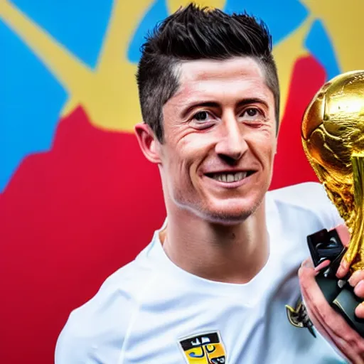 Image similar to portrait of Robert Lewandowski holding World Cup trophy, 4k, hq, high details, natural light, perfect quality, professional photography, award winning photo