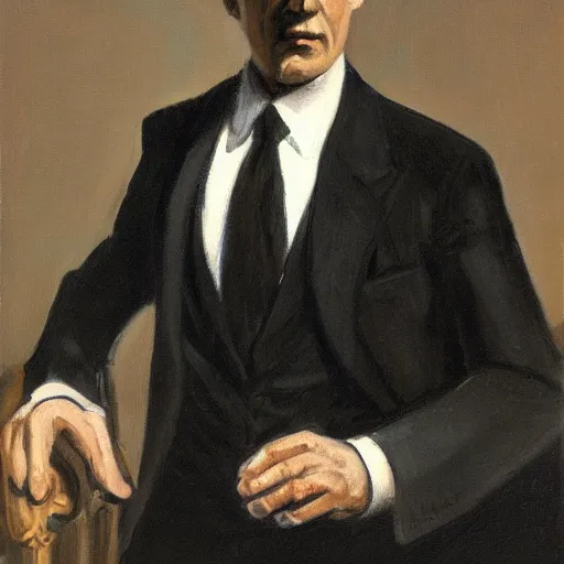 Image similar to A painting of a man in a dark suit, with a stern expression and a dark background, monochromatic.