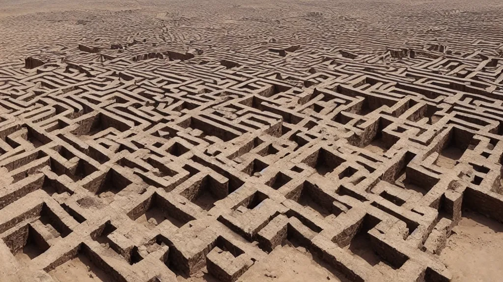 Prompt: surreal ancient ruins of a giant maze in the desert, photography by zhang kechun