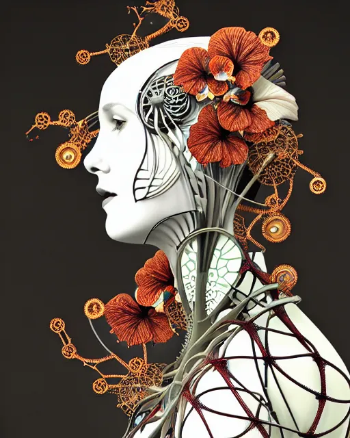 Prompt: biomechanical female cyborg with a porcelain profile face, analog, big leaves foliage and stems, morning glory flowers, hibiscus flowers, boho floral vines, hexagonal mesh fine wire, sinuous fine roots, alexander mcqueen, art nouveau fashion embroidered, steampunk, mandelbrot fractal, picture taken in 1 9 3 0