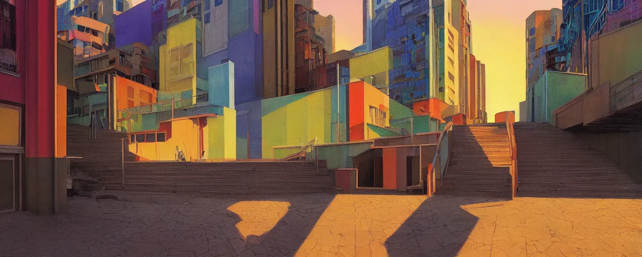 Image similar to An oilpainting of neo brutralism, concrete housing, a long stairway up, concept art, colorful, vivid colors, sunrise, warm colors, light, strong shadows, reflections, cinematic, 3D, in the style of Akihiko Yoshida and Edward Hopper