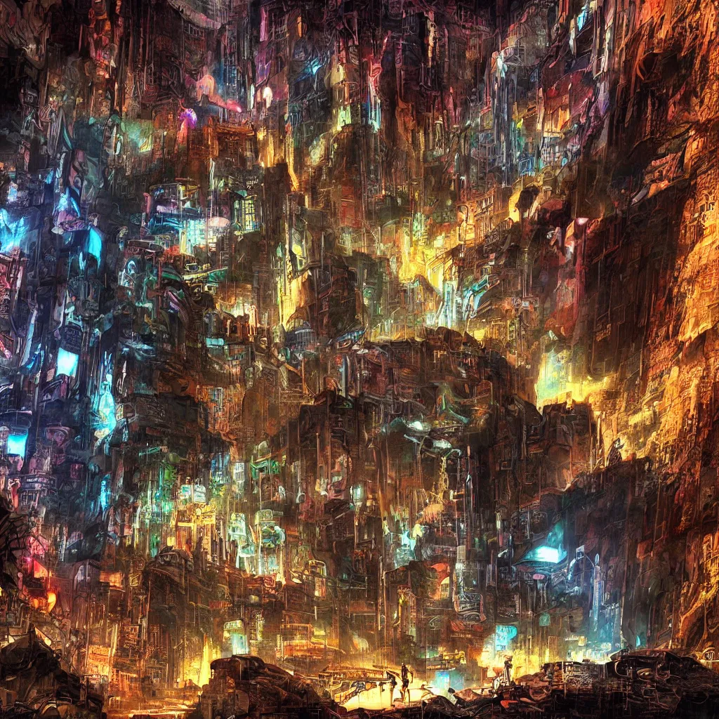 Image similar to a cave painting of a cyberpunk cave