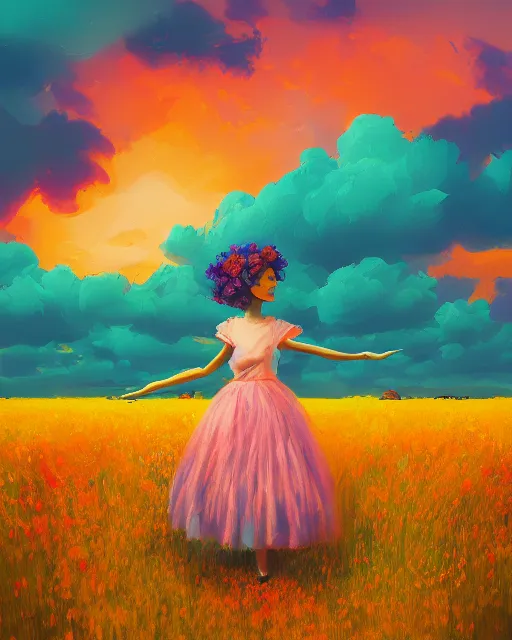 Image similar to girl with a giant carnation head, surreal photography, flower field, sunset dramatic light, impressionist painting, colorful clouds, blue sky, digital painting, artstation, simon stalenhag