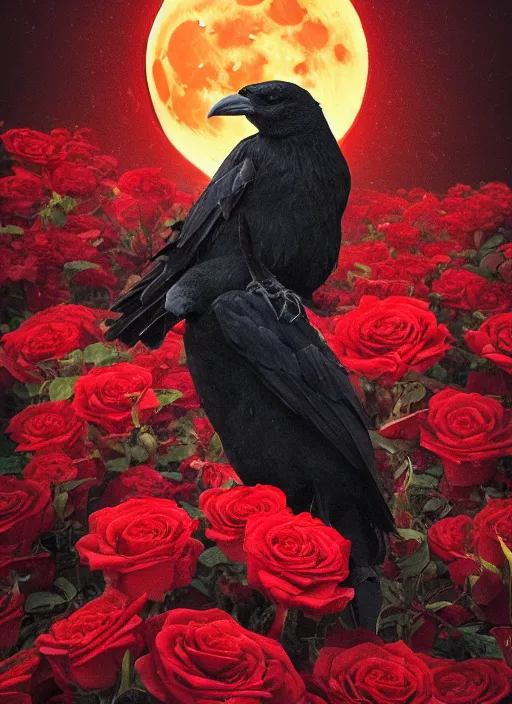 Prompt: red and golden color details, empty space at the top of the image, portrait, A crow with red eyes in front of the full big moon, book cover, red roses, red white black colors, establishing shot, extremly high detail, foto realistic, cinematic lighting, by Yoshitaka Amano, Ruan Jia, Kentaro Miura, Artgerm, post processed, concept art, artstation, raphael lacoste, alex ross, portrait, A crow with red eyes in front of the full big moon, book cover, red roses, red white black colors, establishing shot, extremly high detail, photo-realistic, cinematic lighting, by Yoshitaka Amano, Ruan Jia, Kentaro Miura, Artgerm, post processed, concept art, artstation, raphael lacoste, alex ross