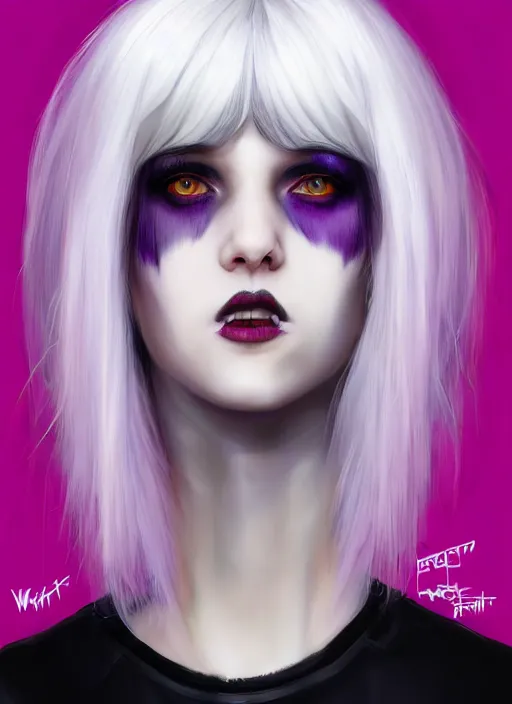 Image similar to portrait of white teenage girl, normal face, white bangs, mall goth, cyberlox, black and white hair, bangs, fluffy bangs, red contact lenses, purple lipstick, intricate, elegant, highly detailed, digital painting, artstation, concept art, sharp focus, smooth, illustration, art by wlop, mars ravelo and greg rutkowski